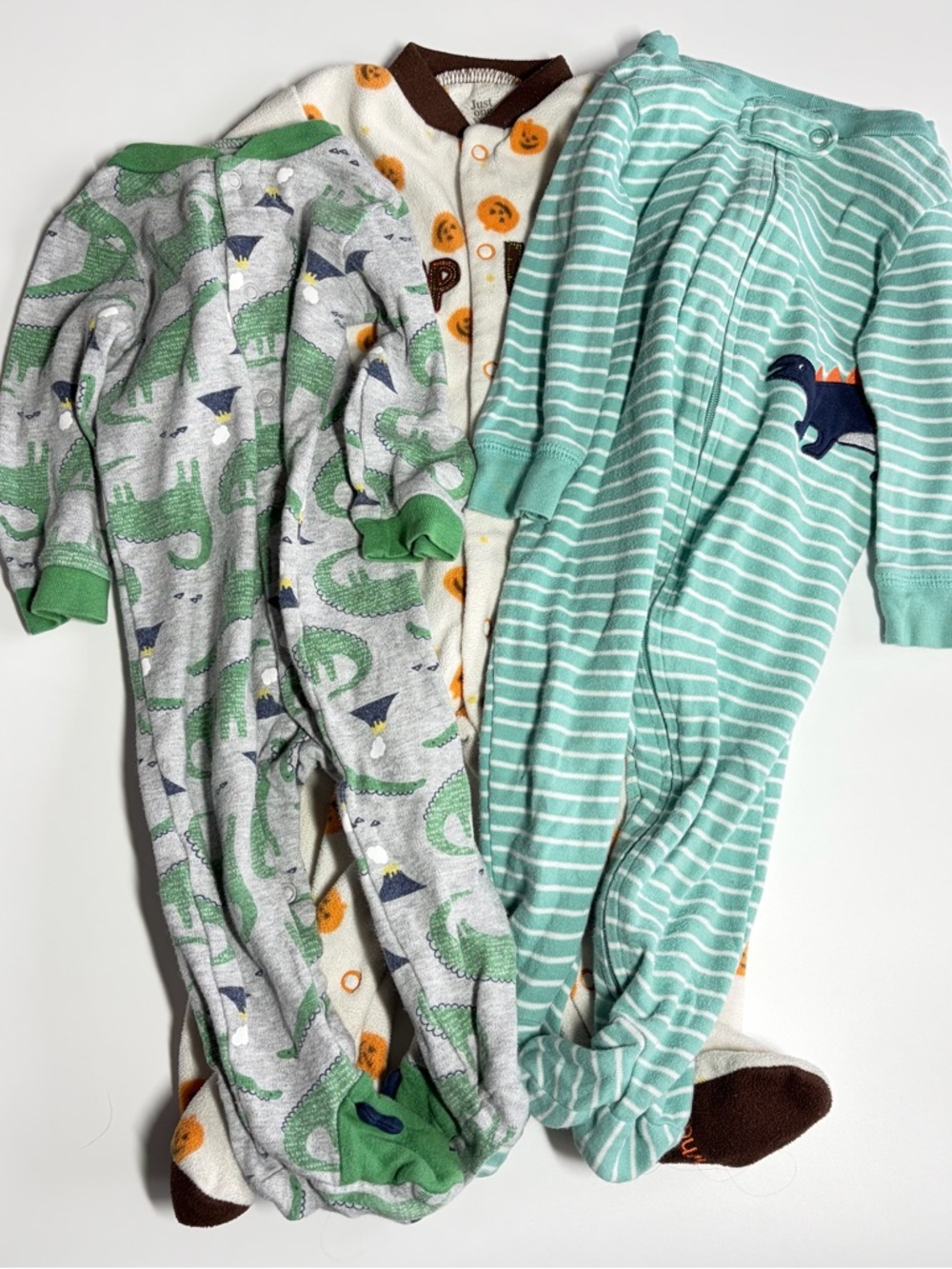 Bundle of Carter’s Baby Footie Pajamas Size 9 Months Fall Pumpkin Dino Stripes